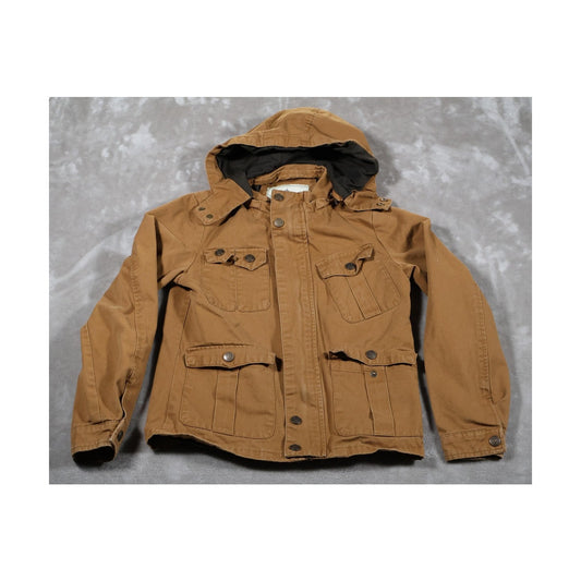 Wenven Jacket Mens Medium Brown Hooded Workwear Utility Cotton Canvas Pockets