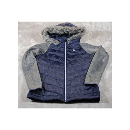 US Polo Assn Jacket Womens Small Blue Gray Hooded Faux Fur Zip Knit Sleeves Warm