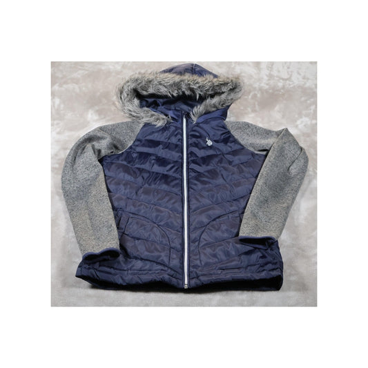 US Polo Assn Jacket Womens Small Blue Gray Hooded Faux Fur Zip Knit Sleeves Warm