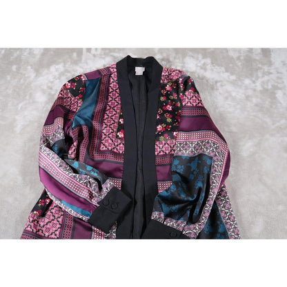 Chicos Jacket Womens 2 Large Multicolor Open Front Floral Patchwork Boho Kimono