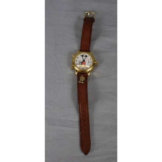 Vintage Lorus Quartz Mickey Mouse Watch Brown Leather Strap Japan Alarm Chime