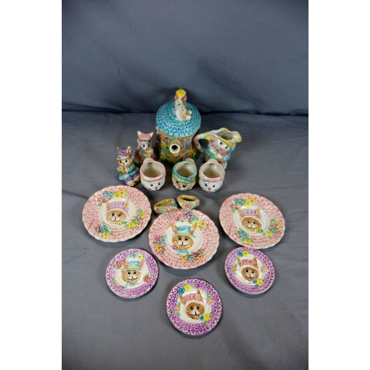 Vintage Fitz & Floyd Bunny Rabbit Tea Set Plates Cups Creamer Sugar Japan Easter