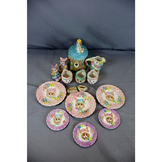 Vintage Fitz & Floyd Bunny Rabbit Tea Set Plates Cups Creamer Sugar Japan Easter