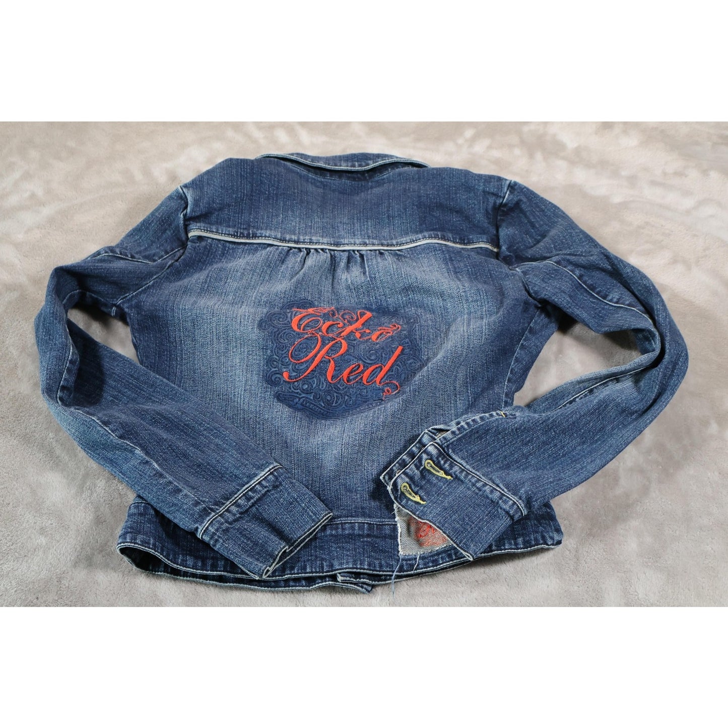 Ecko Red Jacke Kids Small Blue Denim Jean Moto Style Back Graphic Logo Fitted
