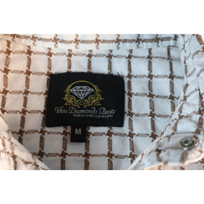 White Diamonds Boots Shirt Mens Medium Brown Western Pearl Snap Rodeo Cowboy M