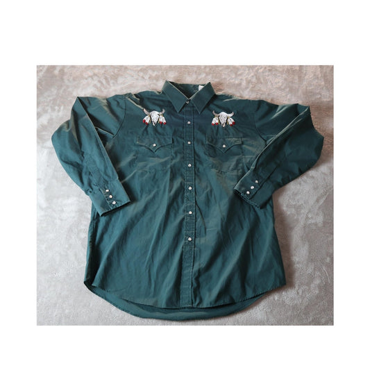 Plains Western Wear Shirt Mens Large Green Cowboy Pearl Snap Bull Skull Rodeo