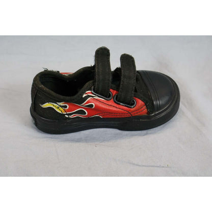 Vans Shoes Toddler Size 5 Black Red Flame Skate Low Top Rubber Toe side view with black flames and red panels